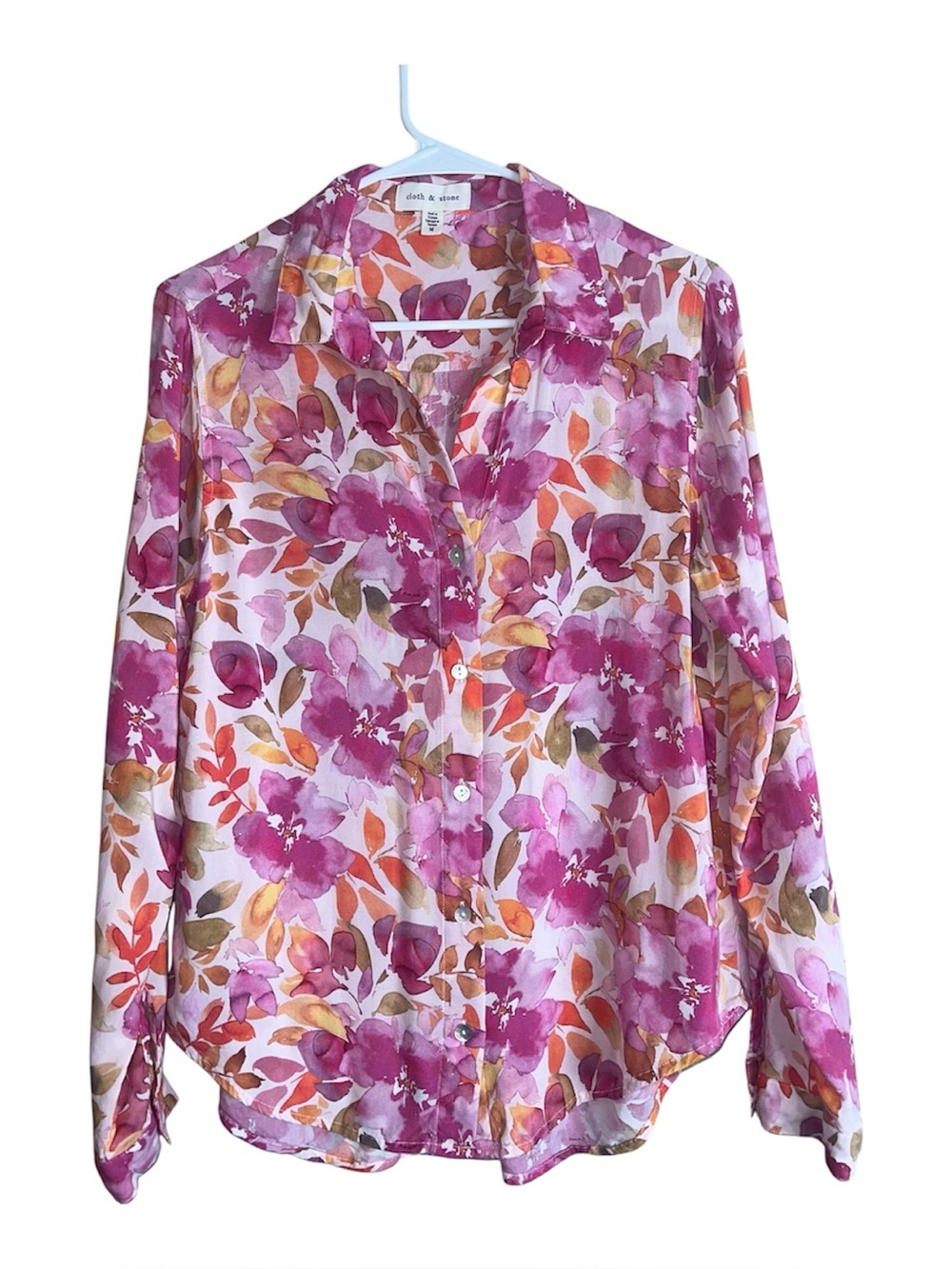 Cloth & Stone Pink Orange  Watercolor Button-Up Blouse Sz M